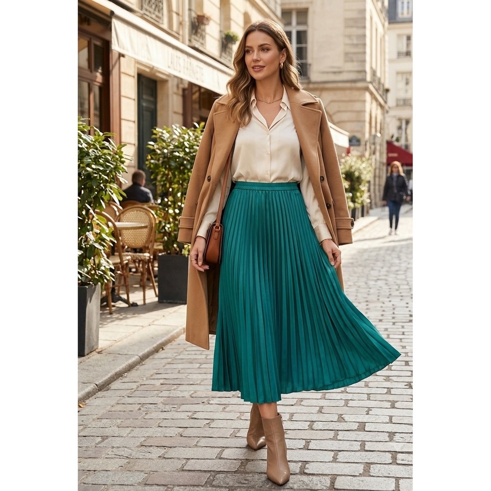 Jeanne Marc Vintage90s Teal Green Pleated Midi Skirt Elastic Waist Made in USA M